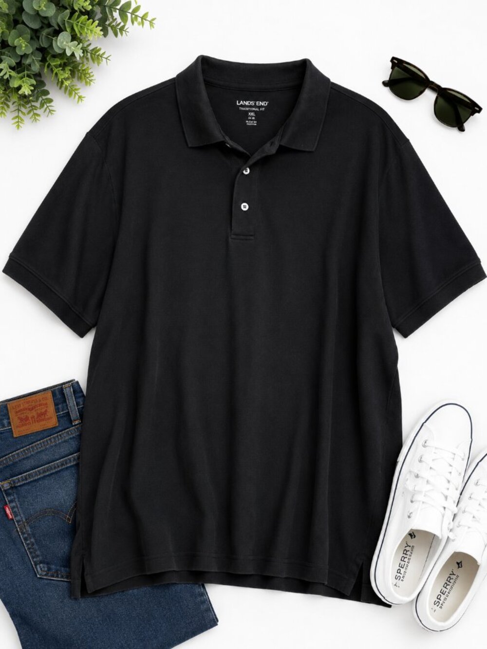 Lands’ End Men’s XXL Black Polo Shirt Traditional Fit Short Sleeve 100% Cotton